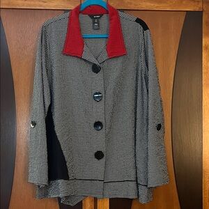 Ali Miles Black & White Lightweight Textured Fabric Blazer w/ Red Collar